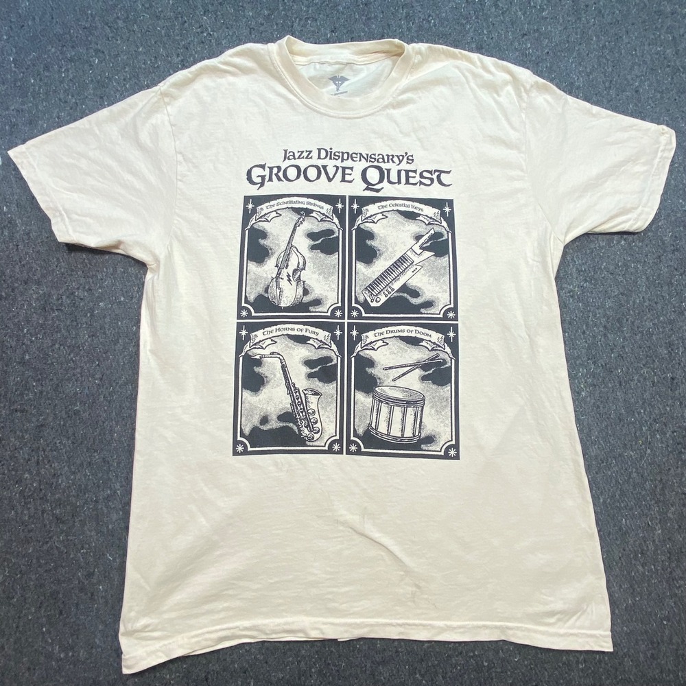 Jazz Dispensary Groove Quest T Shirt‎ L Mens Cream Retro Music Graphic Map Tee